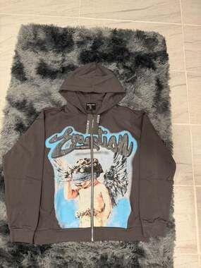 Mixed Emotion Blindfold Angel Rhinestone Zip-Up Hoodie Washed Grey Size M